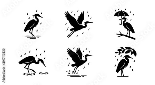 Tableau sur toile Heron Bird Icons Set, Silhouette Wildlife Graphics, Nature Elements, Umbrella Ra