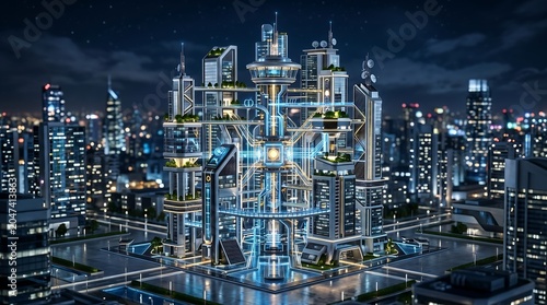Industrial complex, futuristic factory, cityscape at night, illuminated infrastructure