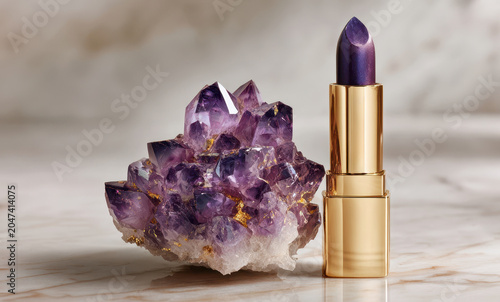 Luxury Purple Lipstick in Gold Case with Amethyst Geode, Beauty Advertising Composition
