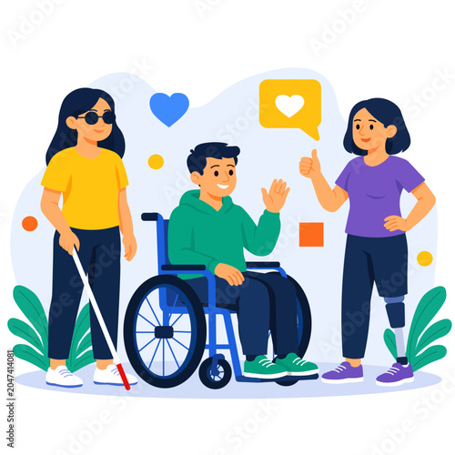 Inclusive Community and Accessibility Support Concept with People with Disabilities, Flat Vector Illustration