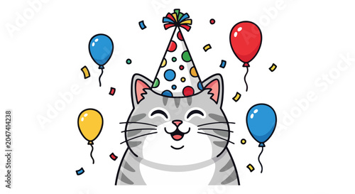 Happy Cat Wearing Party Hat Surrounded by Balloons and Confetti