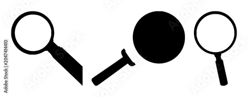 Magnifying glass set with black silhouette on white background featuring magnifier, loupe, search with inspection and examination