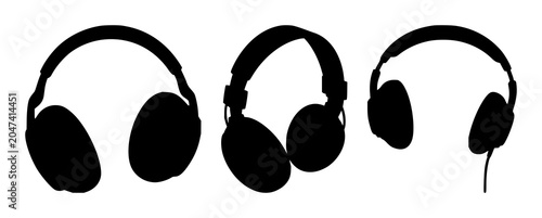 Headphones set with black silhouette on pristine white background featuring audio, music, headphone illustration with portable audio equipment and wireless connectivity
