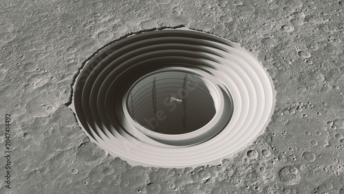 Massive Circular Lunar Base Moon Crater Concentric Rings Futuristic Outpost Spacecraft Deep Shaft Sci Fi Architecture Vast Lunar Surface 3d illustration