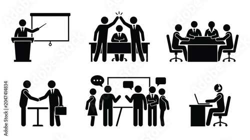 Set of black stick figure icons showing various professional business activities in a corporate office