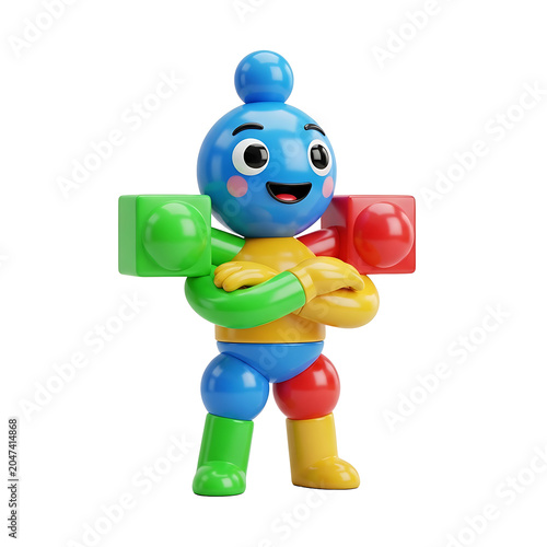 Colorful cartoon robot toy character made of building blocks, smiling and playful, on a white background.