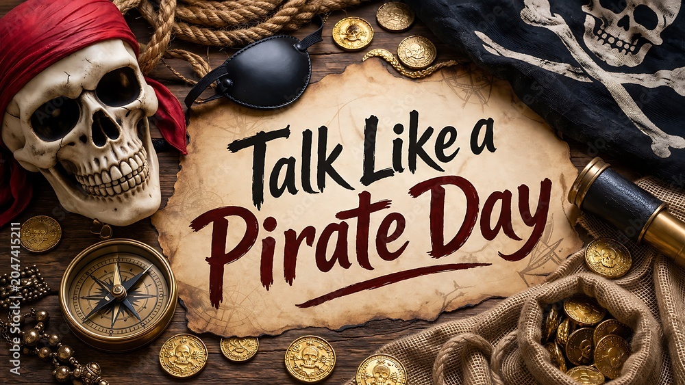 Naklejka premium Talk like a pirate day background with skull, treasure map and gold coins