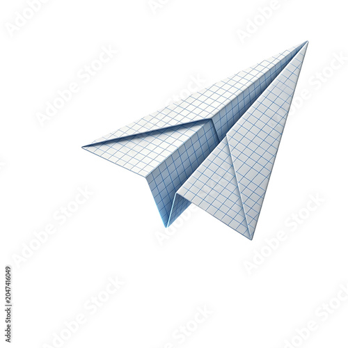 Origami paper airplane made from graph paper, isolated on white background, symbolizing creativity, dreams, and ideas.