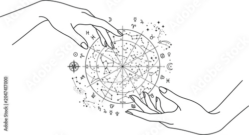 Canvas-taulu Black and white line art illustration of human hands holding a mystic astrologic