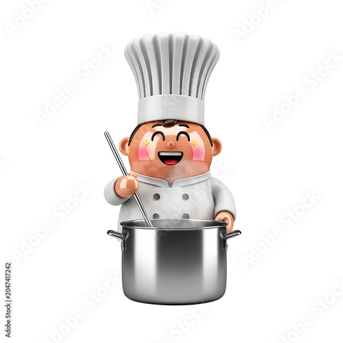 Happy Cartoon Chef Cooking in Pot with Spoon, Isolated White Background