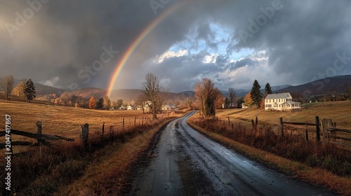 Dramatic Rural Landscape with Arching Rainbow and Classic American Farmhouse