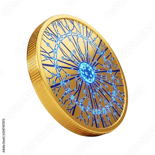 Golden Futuristic Coin with Digital Network Design