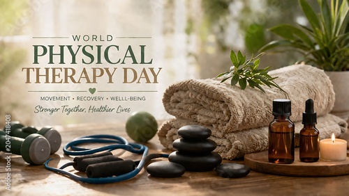 World physical therapy day concept with exercise equipment and spa items