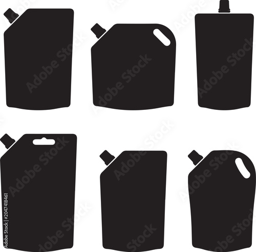 Spout pouch icon set. Black silhouette flexible packaging doypack vector template. Liquid container bag with screw cap icon. Minimalist flat vector illustration of refill pouches. Plastic squeeze bag 
