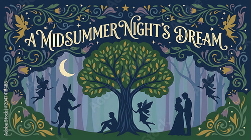 Mystical Forest Scene with Silhouettes Under Moonlight in Dreamy Illustration Style