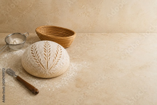 Sourdough Dough With Scoring Pattern and Copy Space