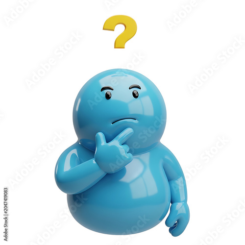 Blue character contemplating with a question mark above its head, symbolizing thought, confusion, and problem-solving.