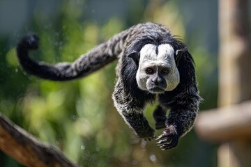 White-faced Saki Monkey Leaping Through Lush Green Forest Foliage with Agility and Focus