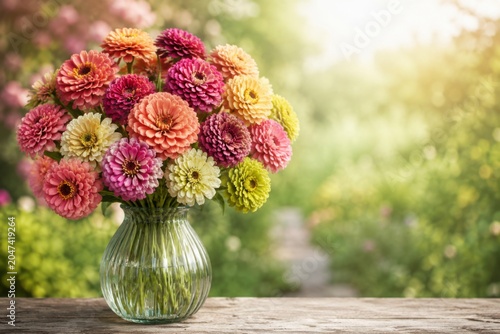 Zinnia Bouquet in Glass Vase With Garden Copy Space
