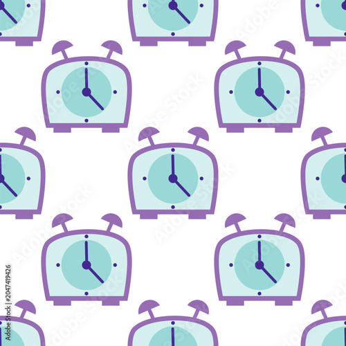 Seamless pattern with colorful alarm clocks on a white background