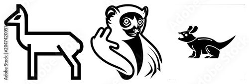 This set features a stylized llama, a cheeky lemur, and a small marsupial. These animal include a lanky vicuña, a primate, and a tiny joey rendered in high contrast black and white.