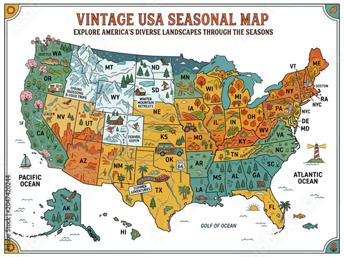 Explore the Diverse Seasonal Landscapes of the United States with a Vintage Illustrated Travel Map Poster