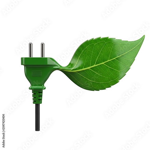 Green power plug integrated with a fresh leaf, symbolizing renewable energy and eco-friendly electricity.