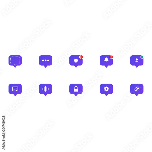 Purple chat and messaging icons set for communication