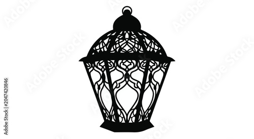 Decorative black metal lantern with intricate patterns is precisely centered on a pure white background, showcasing its ornate design.