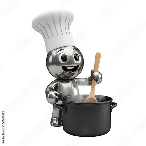 Happy metallic chef character stirring a pot of steaming food, isolated on white background