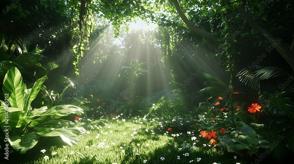 Fototapeta premium Sunlight streaming through the lush canopy of a vibrant tropical rainforest with blooming flowers and green foliage