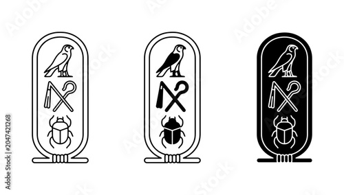 Ancient Egyptian Hieroglyphs Cartouche Set, Pharaoh Royal Name Symbol Vector Icons, Scarab Beetle Falcon Ankh Symbols
