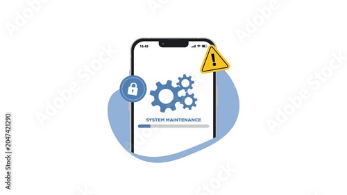 4K animation of System maintenance alert on Smartphone. Blue gears and warning icons appear. System Maintenance animation for software or hardware.