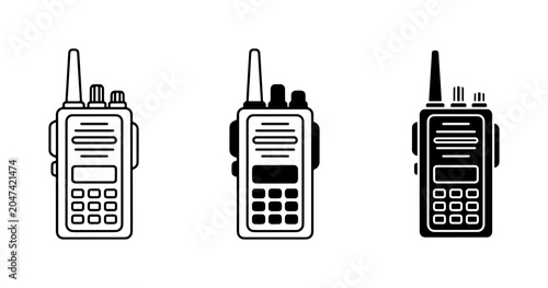 Bilde på lerret Set of three walkie-talkie icons, communication devices, portable radios, two-way radios, black and white vector illustrations for technology and security concepts
