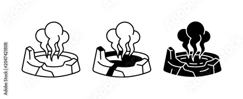 Geothermal Hot Spring Icons, Volcanic Vent Symbols, Natural Steam Vents, Set of 3 Stylized Graphics