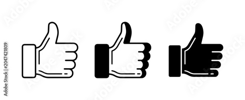 Thumbs Up Icons Set, Vector Graphics for Approval, Agreement, and Positive Feedback, Simple Line Art and Solid Fill Styles