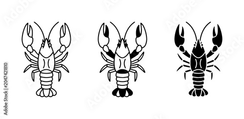 Lobster Icons Set, Seafood Vector Graphics, Marine Life Illustrations, Crustacean Symbols, Black and White Designs, Culinary Art Elements