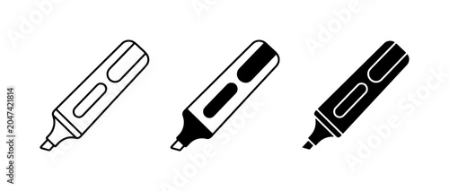Highlighter Pen Icons, Set of Three Marker Styles, Simple Line Art and Solid Fill Vector Graphics for Office and Study Supplies