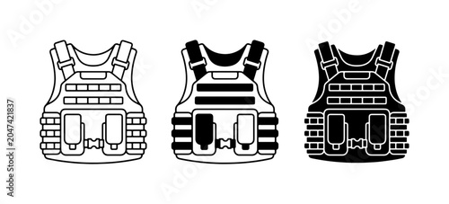 Tactical Vest Icons, Military Body Armor Set, Protective Gear Vector Graphics