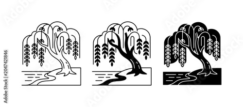 Weeping Willow Tree Icons, Nature Landscape Vector Art, Black and White Silhouette Graphics for Serene Design