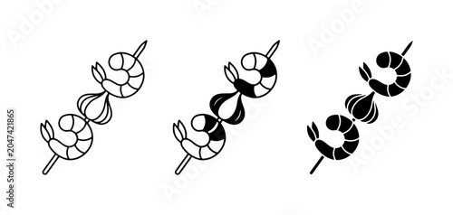 Shrimp Skewers, Seafood Kebabs, Garlic Shrimp, Three Styles: Outline, Filled, Silhouette Vector Icons for Culinary and Food Service