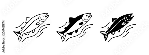 Three Jumping Salmon Icons, Outline and Silhouette Vector Graphics, Aquatic Wildlife and Fishing Symbolism