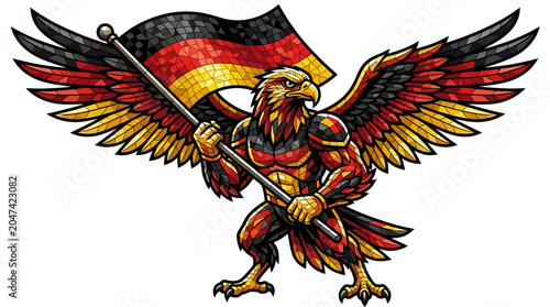 Tableau sur toile Vigorous raptor mascot fiercely gripping a dynamic standard with black, red, and