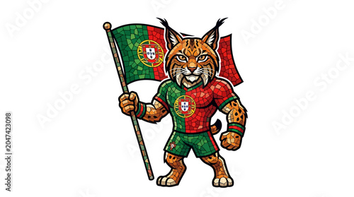 Photos Fierce lynx-like mascot, clad in vibrant national colors, proudly waving the Por