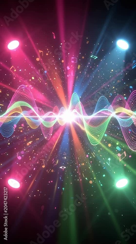 Digital audio waveform radiating light beams and particles on dark background with multicolored neon colors