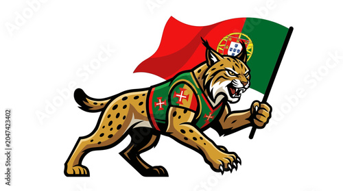 Fierce Lynx Mascot Holding Portuguese Flag with Passion and Pride