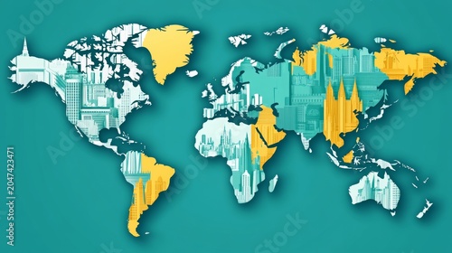 A stylized world map composed of architectural landmarks and cityscape elements in white and yellow tones is displayed on a teal background, symbolizing global connectivity, culture, and travel