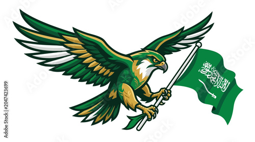 Fotografía Vibrant stylized raptor, adorned in striking green and gold, soaring powerfully
