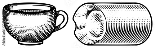Classic teacup and a hearty salame slice presented in detailed woodcut style. This breakfast duo featuring a cuppa and a deli meat piece uses intricate hatching for texture.