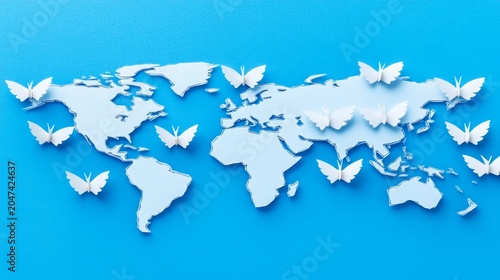 A white paper cut world map stretches across a bright blue background, surrounded by delicate white butterflies positioned above and around the continents, creating an elegant global nature concept